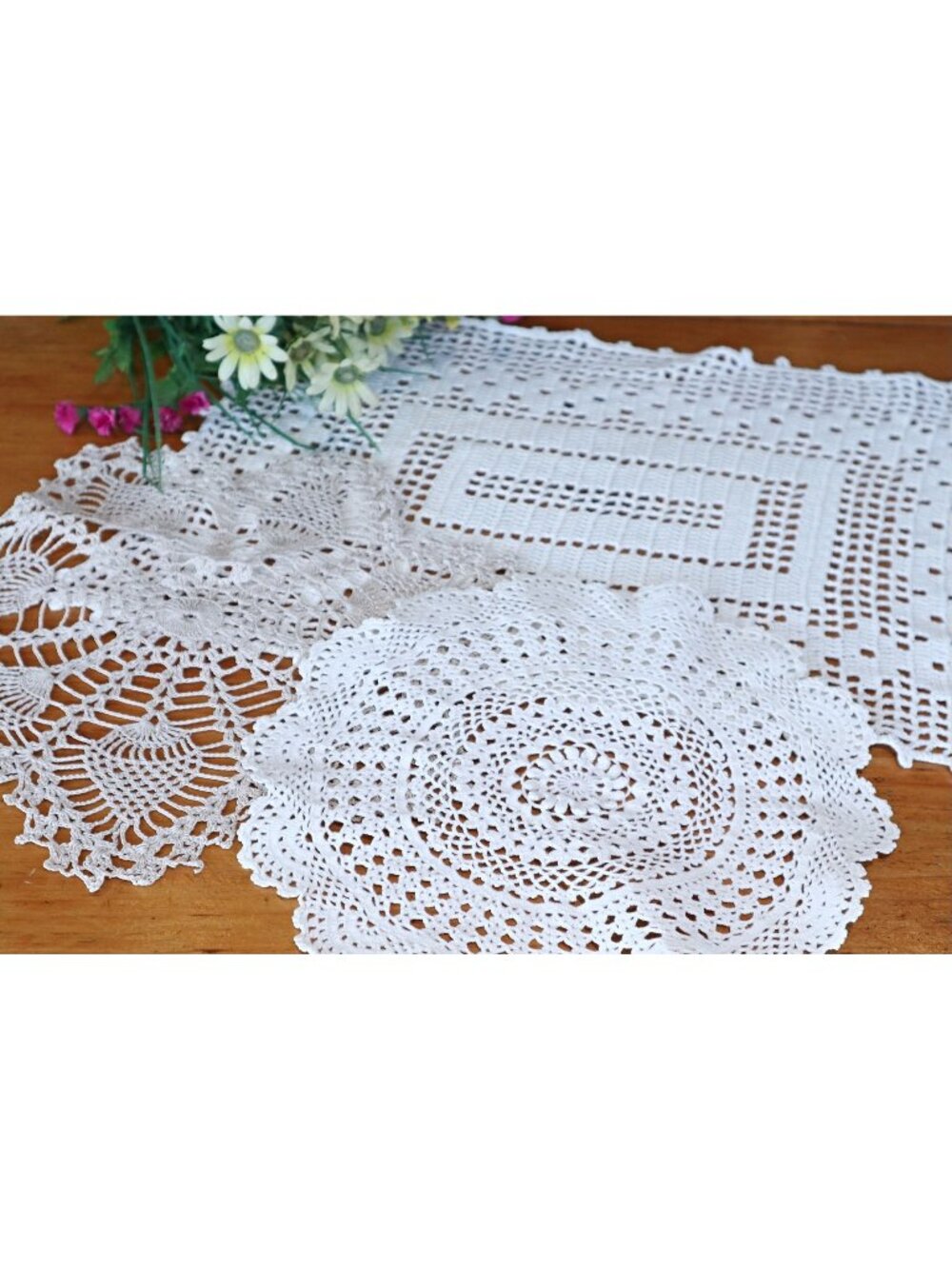 3 Doilies Doily Crocheted Doily White & Ecru  Vintage Doilies  V24